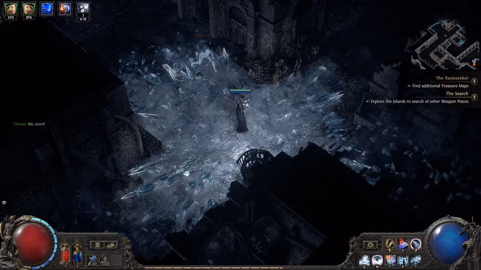Captura de tela do Path of Exile 2 mostrando um Chronomancer cercado por gelo