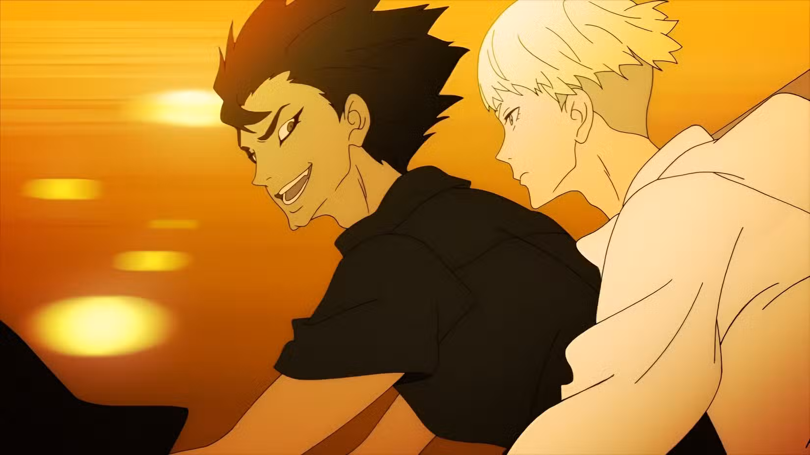 Um garoto com cabelo preto anda de bicicleta com um cara loiro nas costas em Devilman Crybaby