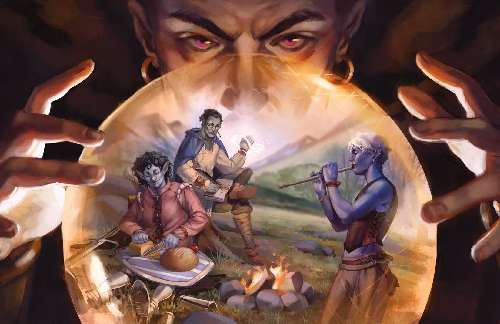 Mordenkainen olha para uma bola de cristal. Lá dentro, um grupo de aventureiros faz um piquenique.