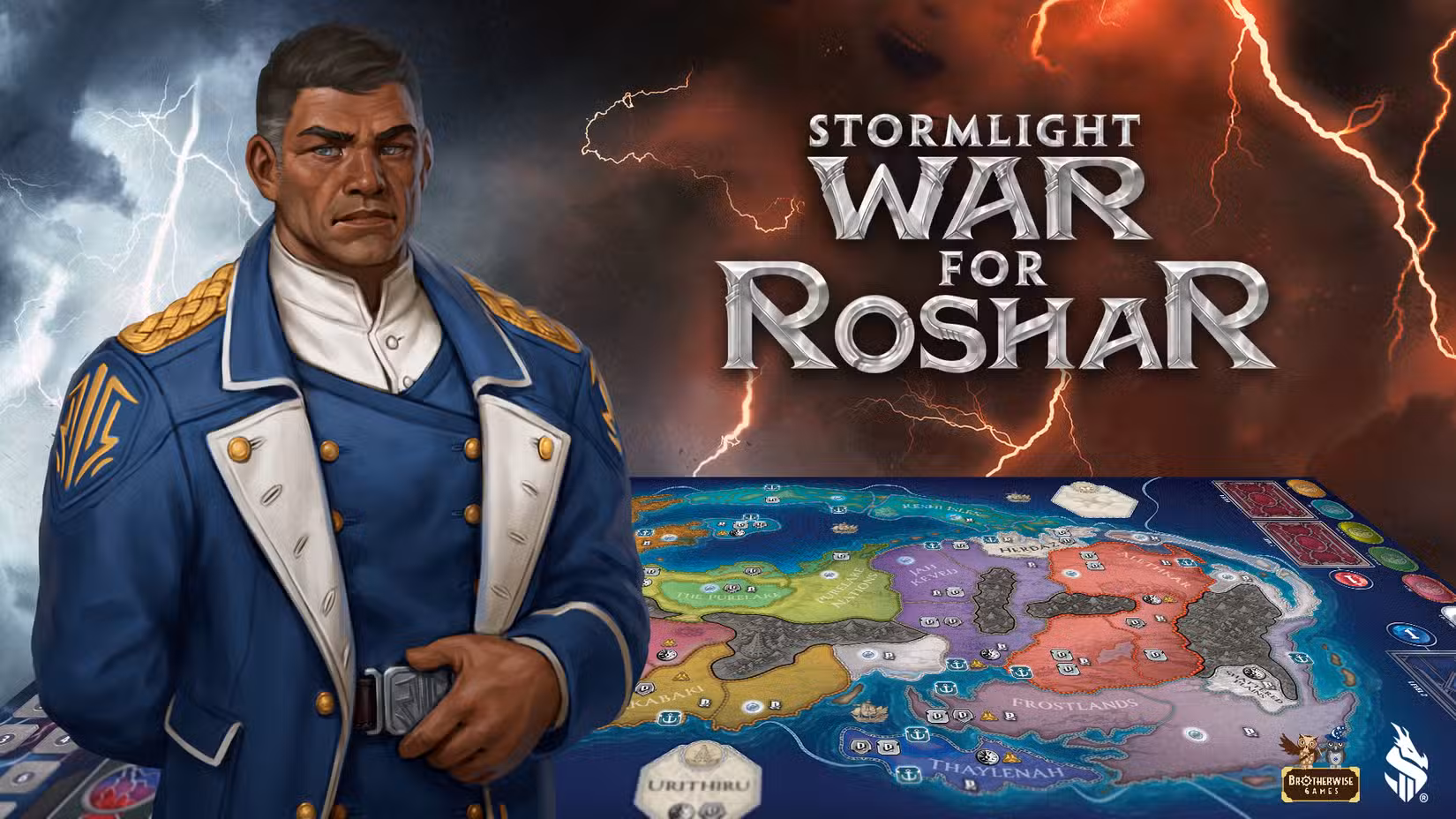 Dalinar fica ao lado do tabuleiro de Stormlight: War for Roshar enquanto Highstorm e Everstorm se enfrentam atrás dele.