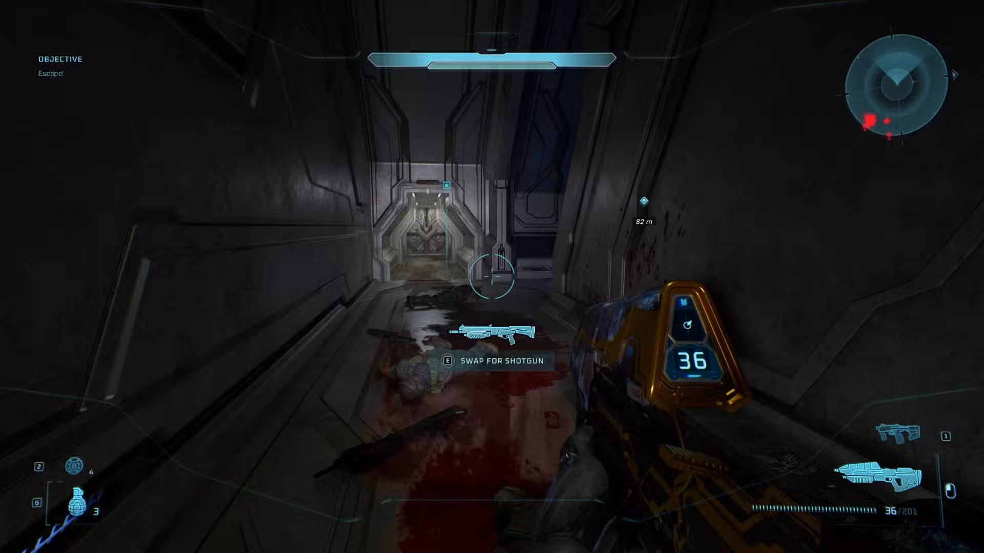 O jogador em Halo: Campaign Evolved olhando para os fuzileiros navais mortos com espingardas.