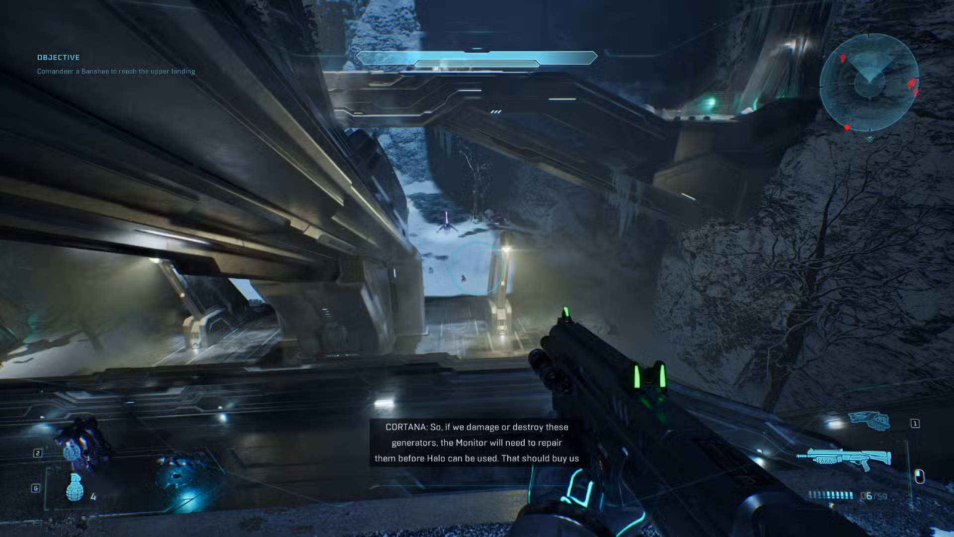 O jogador em Halo: Campaign Evolved olhando para a banshee à distância.