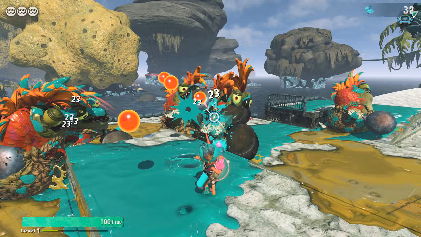Um Inkling atira em Salmonídeos em Splatoon Raiders.