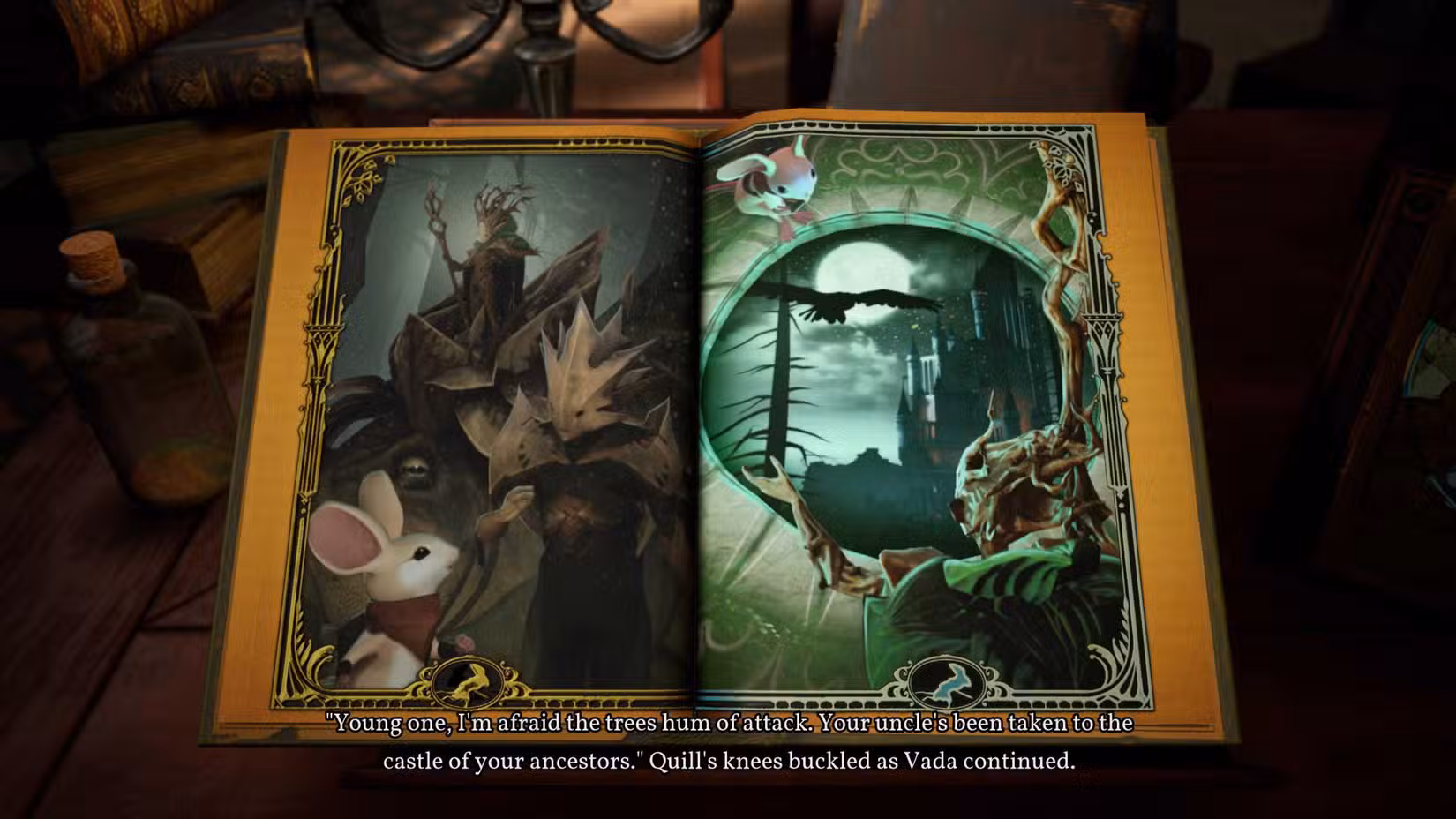 Páginas do livro Moss The Forgotten Relic mostrando os eventos da história