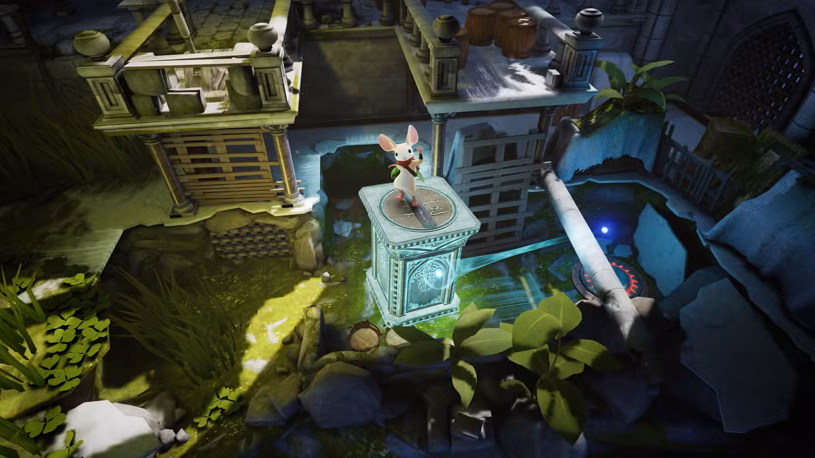 Moss-ForgottenRelic-Twofold-puzzle Quill acenando para a câmera em cima de um bloco azul