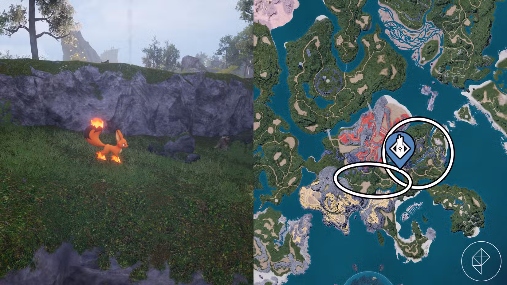 Um mapa mostrando onde encontrar Foxparks na área inicial de Palworld.