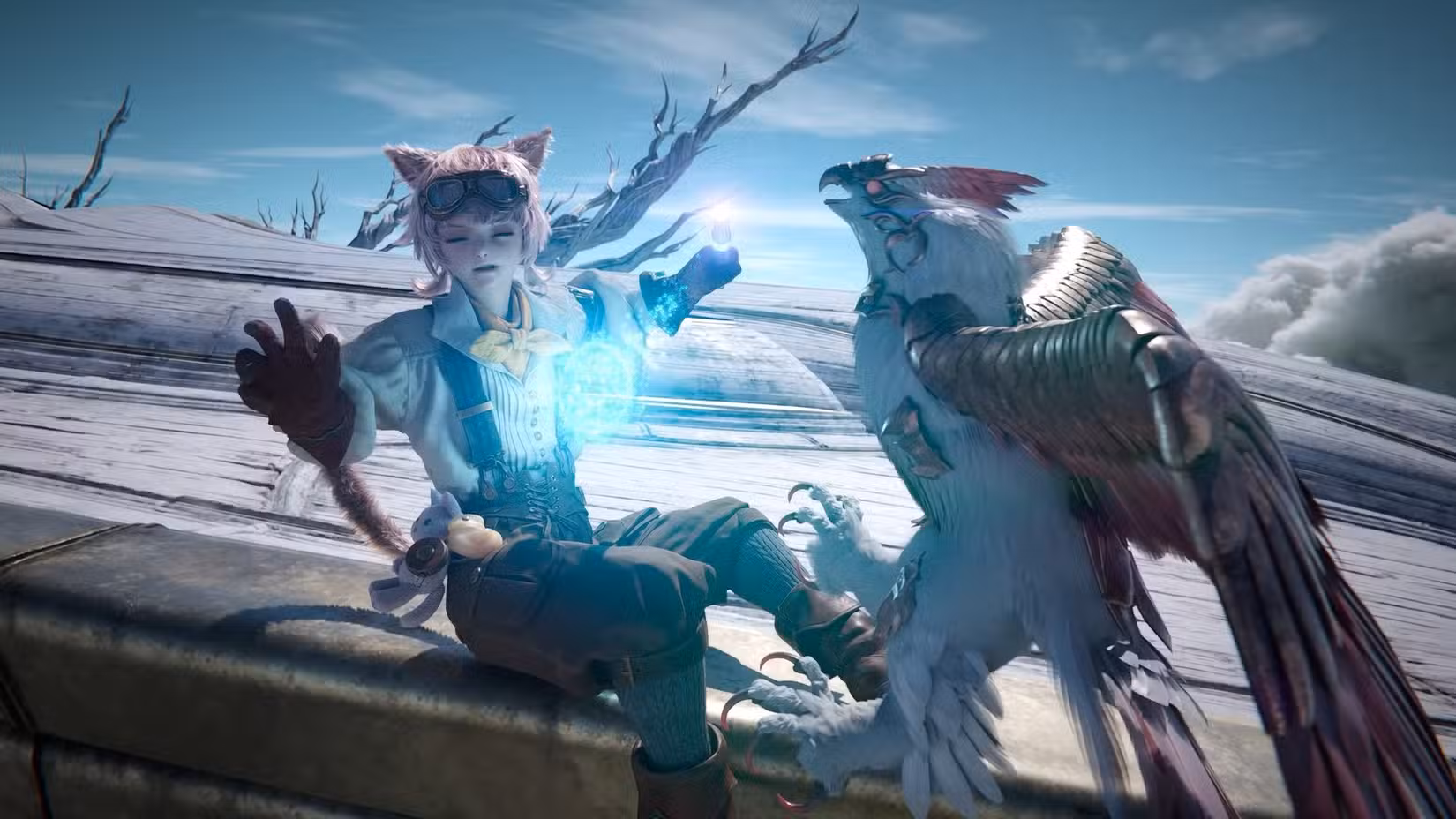 FF14 Evercold ainda de um grande pássaro e um miqote