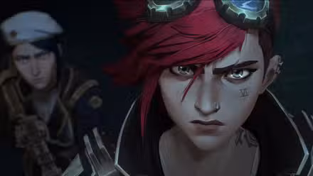 Vi prepara suas luvas de soco com Caitlyn atrás dela em uma imagem de Arcane