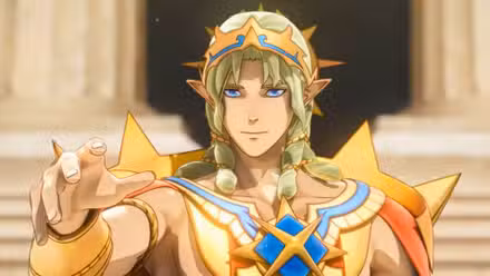 Uma imagem do Weave de Fire Emblem Fortune. Mostra o Soberano Divino em trajes de gala e levantando a mão.
