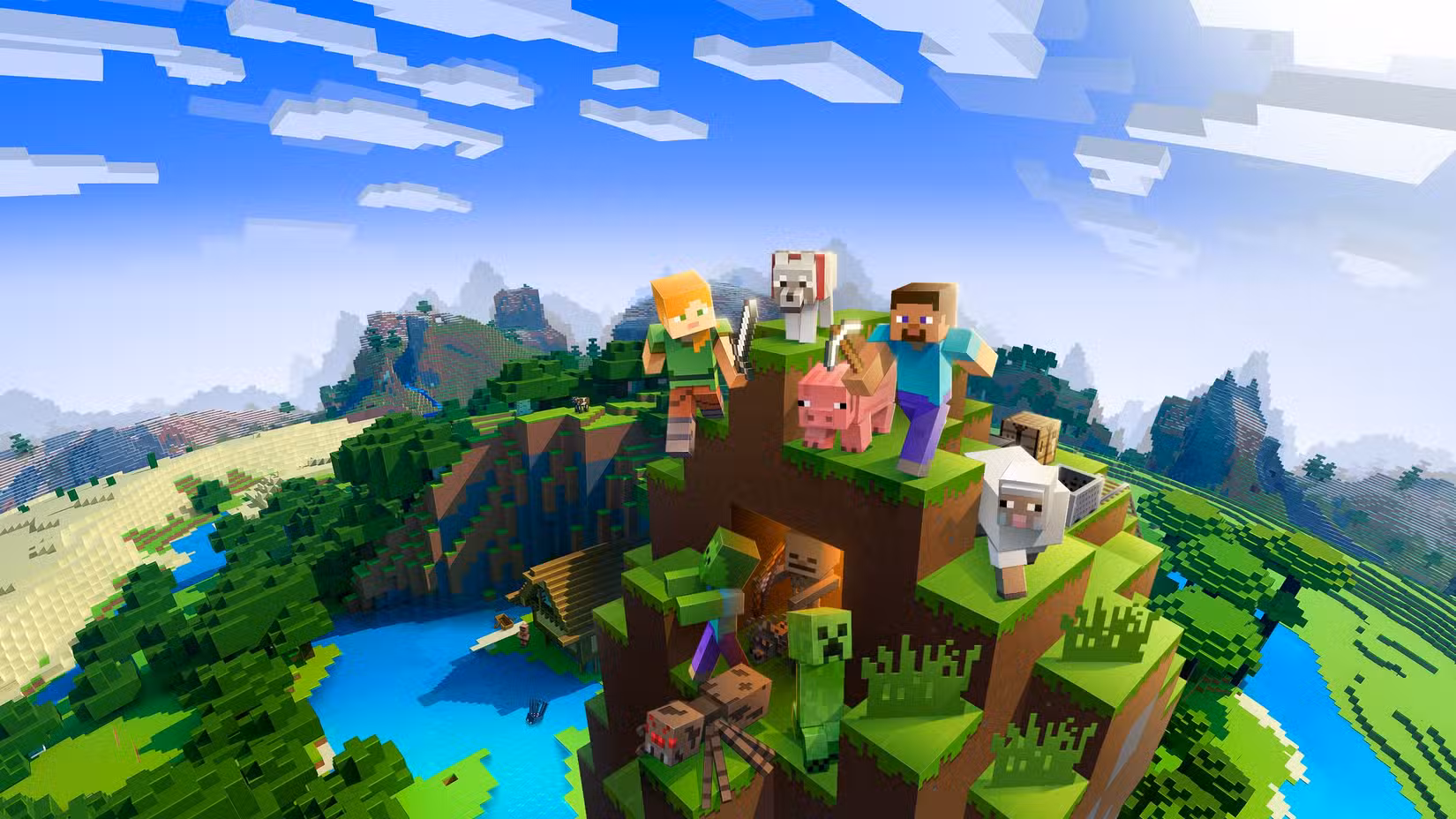 Uma imagem de personagens do Minecraft no topo de uma colina em blocos.