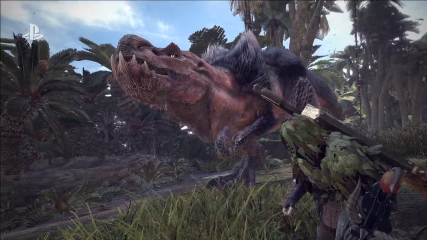 Monster Hunter World - dinossauro e caçador camuflado