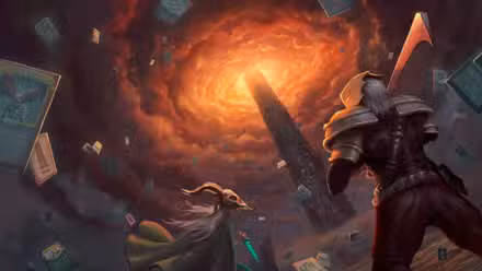 Um obelisco escuro sobe para o céu, que é vermelho e ardente. Observadores com espadas e máscaras de osso assistem. Captura de tela de Slay the Spire.