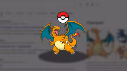 Charizard sendo pego com uma Pokébola através de uma pesquisa no Google