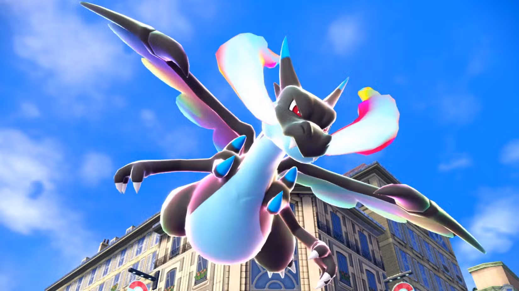 Mega Charizard X voando pelo céu em Pokémon Legends: ZA.