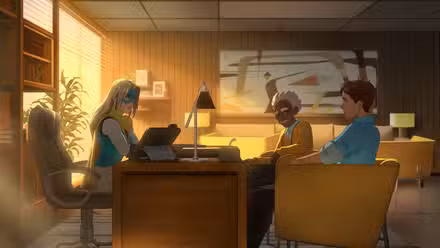 Despache personagens sentados juntos em uma mesa.