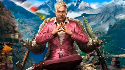 A imagem de um homem de terno rosa, sentado em cima de um trono. Ele tem um lançador de granadas encostado nele e está cercado por montanhas rochosas.