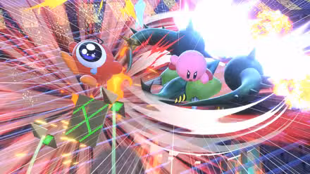 Kirby ataca Waddle Doo em Kirby Air Riders.