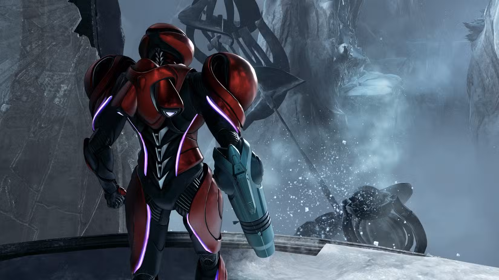 Samus está diante de uma paisagem gelada em Metroid Prime 4: Beyond.