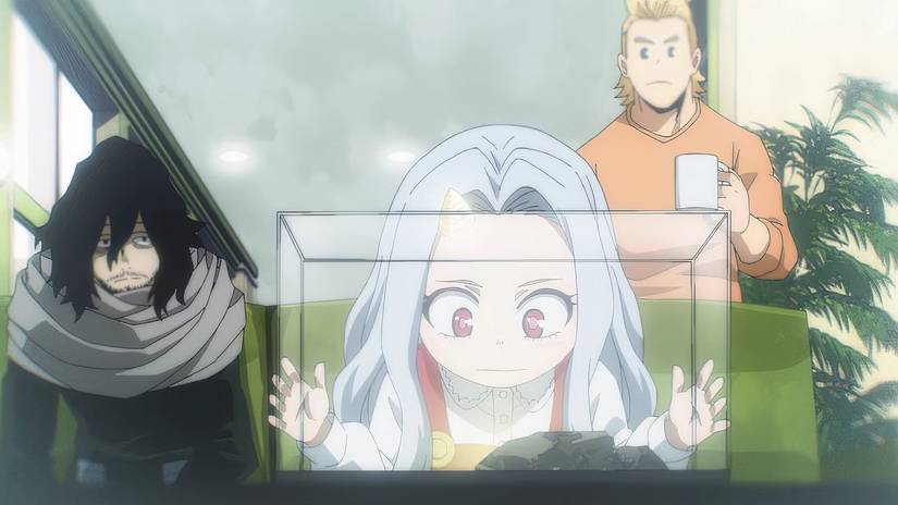 Eri treina seu Quirk enquanto Aizawa e Mirio observam em My Hero Academia