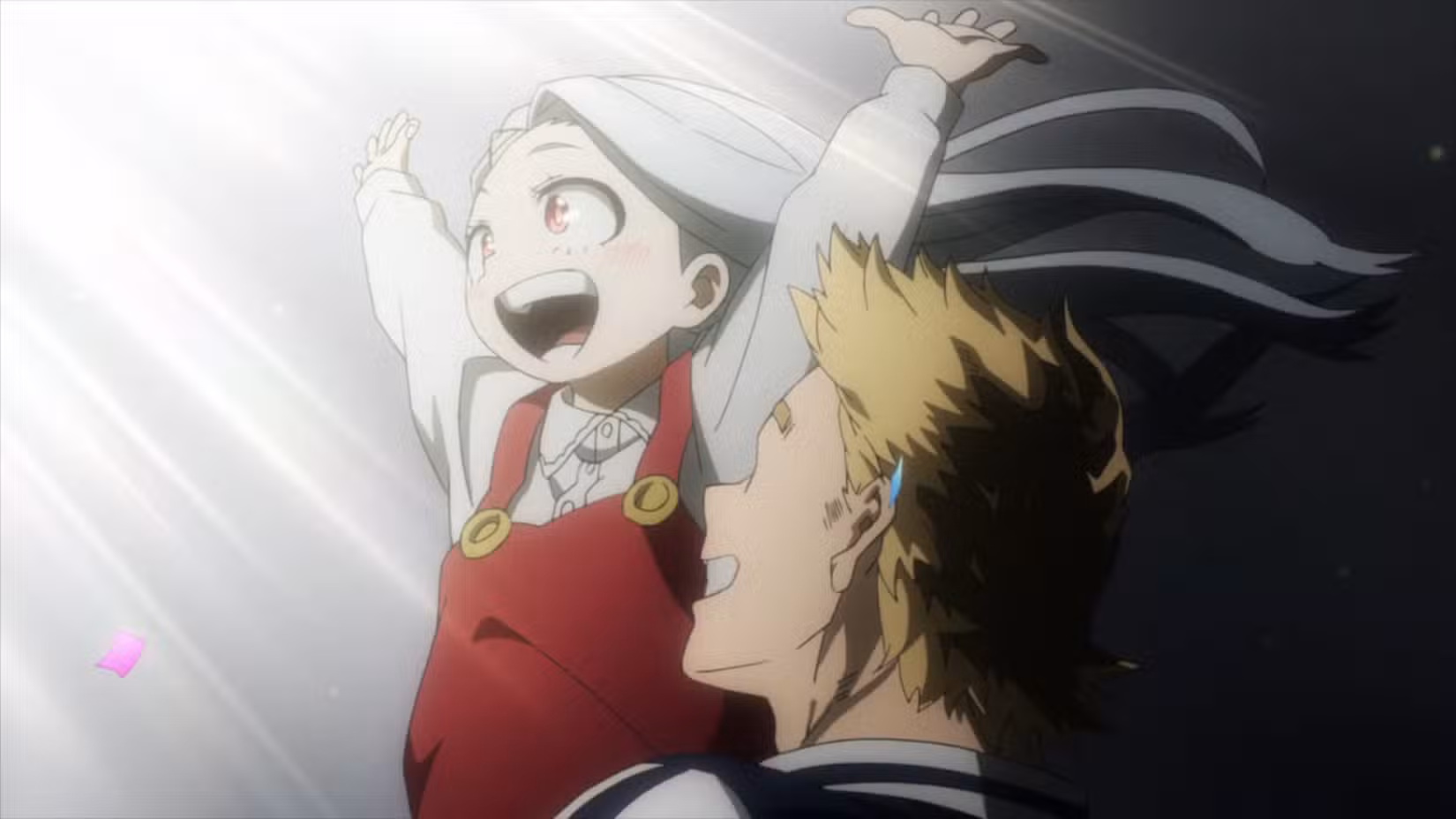 A criança Eri parece feliz enquanto Mirio observa em My Hero Academia