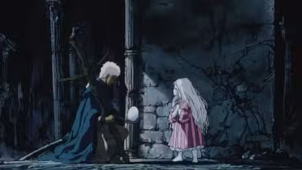 Still do anime Ovo de Anjo, mostrando a menina e o menino contemplando seu ovo